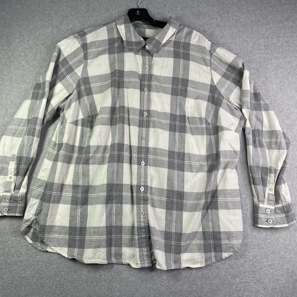 Talbots Top Women's 2X Gray Plaid Long Sleeve Button Up Metallic Thread